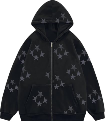 grhaat Y2k Puff Letter Print Zip Up Hoodie Star Sweater Casual